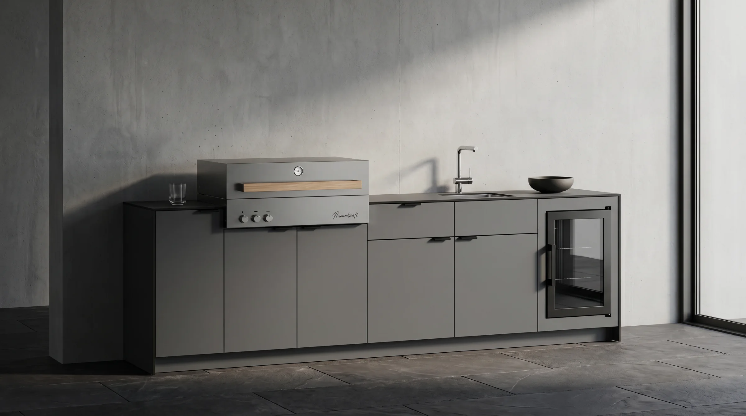 Graphite Infinity outdoor kitchen with grill area, sink and cooling.