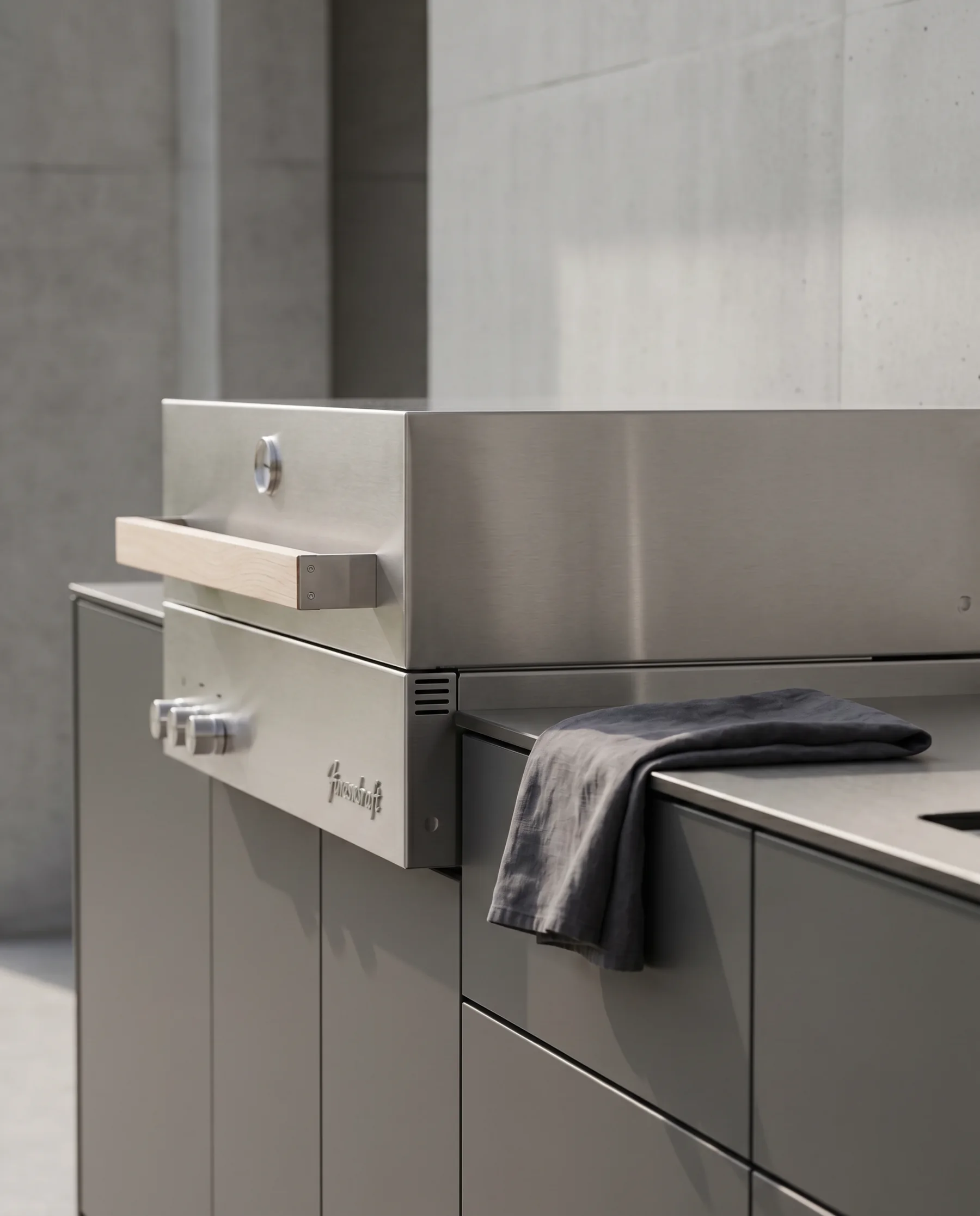 Close-up of the integrated stainless-steel grill in a dulamo kitchen.
